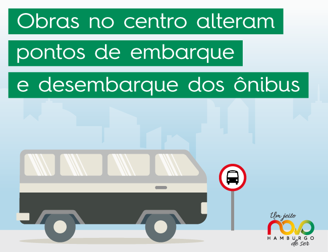 Imagem de um ônibus com o escrito "Obras no Centro Alteram pontos de embarque e desembarque
