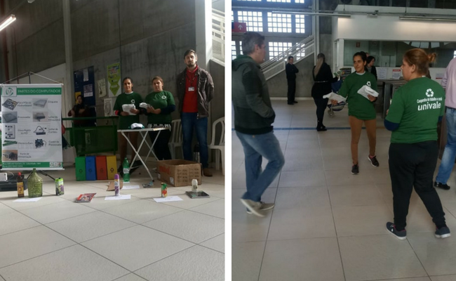 Pessoas entregando os informativos para os usuários do trensurb
