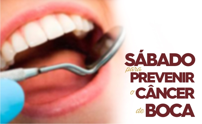 Boca aberta mostrando os dentes. Texto Sábado para prevenir o câncer de boca