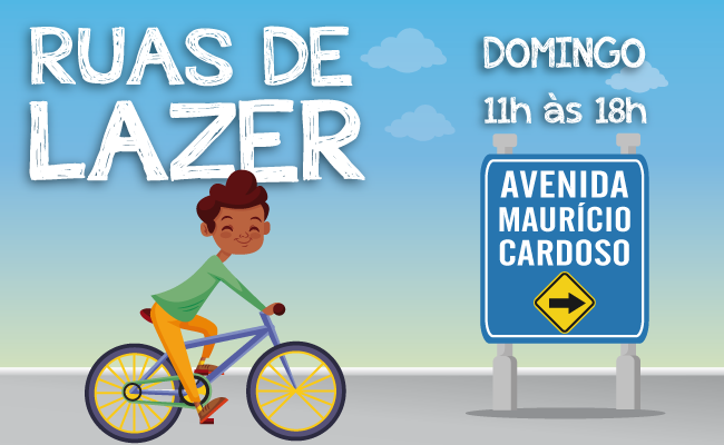 Desenho de uma criança andando de bicicleta. Escrito com a frase "Ruas de Lazer" 