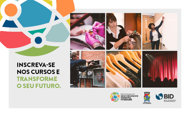 À direita, seis fotos alinhadas, três em cima e três embaixo, com imagens de unhas decoradas, corte de cabelo, figurino, eletricista predial, cennografia e inglês