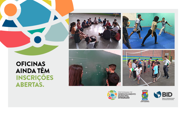 Quatro fotos em mosaico. Uma mostrando um jogo de vôlei, outra um menino desenha notas musicais em um quadro verde. Na terceira, crianças estão sentadas em círculo no chão e a quarta três pessoas jogam capoeira
