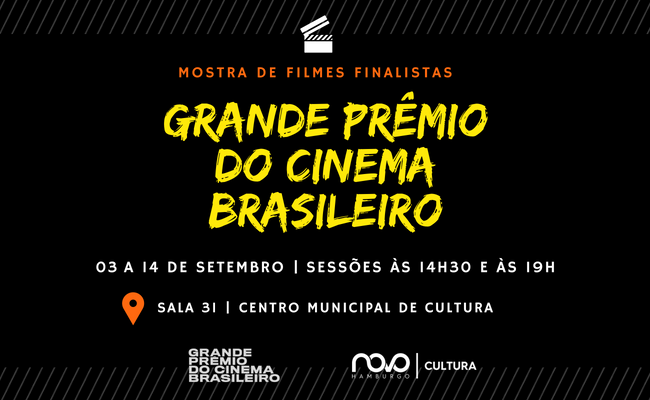 Em um preto, em letras amarelas, o escrito "Grande Préio do Cinema Brasileiro"