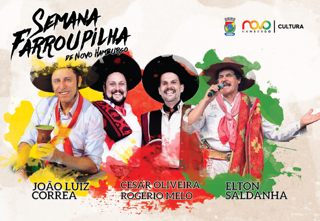 Texto escrito Semana Farroupilha com a foto dos artistas abaixo