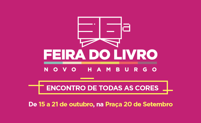 Em um fundo rosa, escrito Feira do livro de Novo Hamburgo