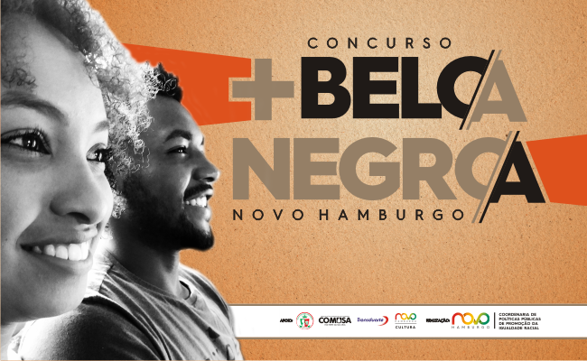 Imagem dos rostos de um homem e uma mulher negra à esquerda. No centro, escrito Belo/A Negro/a