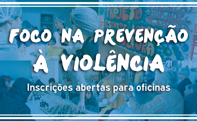Texto escrito "Foco na prevenção à violência" em branco em um fundo azul