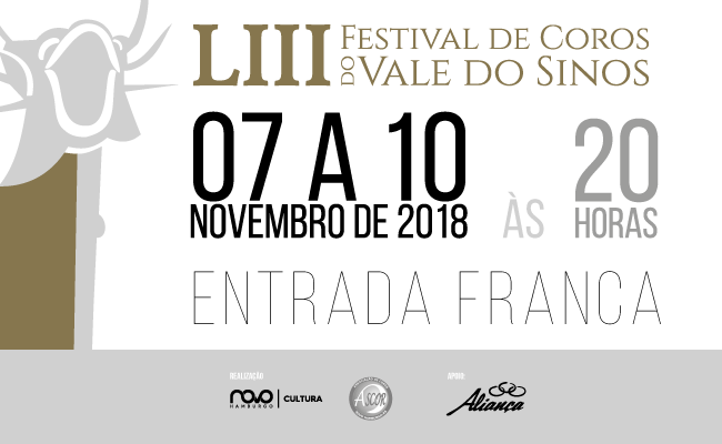 Em um fundo branco, escrito Festival de Coros do Vale do Sinos de 07 a 10 de novembro com entrada franca