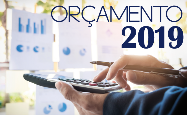 Homem segurando um calculadora e o escrito orçamento 2019