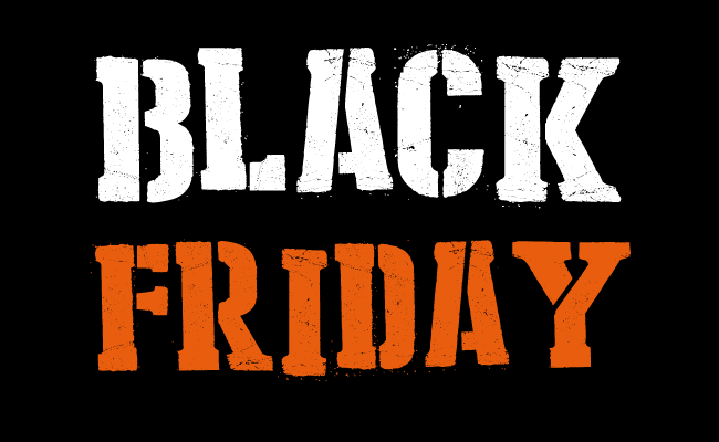 Fundo preto escrito black em letras brancas e Friday em letras vermelhas