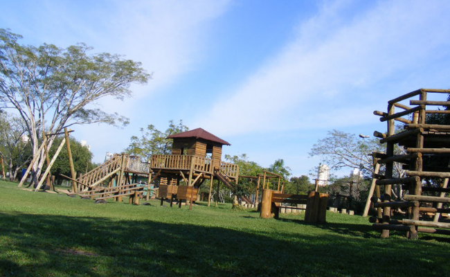 Foto do parque, com grande área de grama e brinquedos de madeira ao fundo