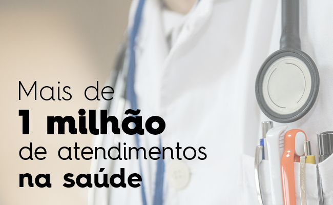 Escrito "Mais de um 1 milhão de atendimentos na Saúde" e uma foto desfocada de um médico