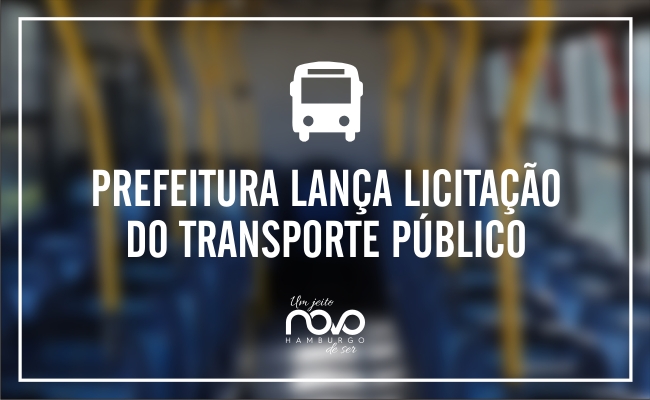 Escrito em branco Prefeitura lança licitação do transporte público comum desenho de um ônibus acima. De fundo, o interior de um ônibus desfocado