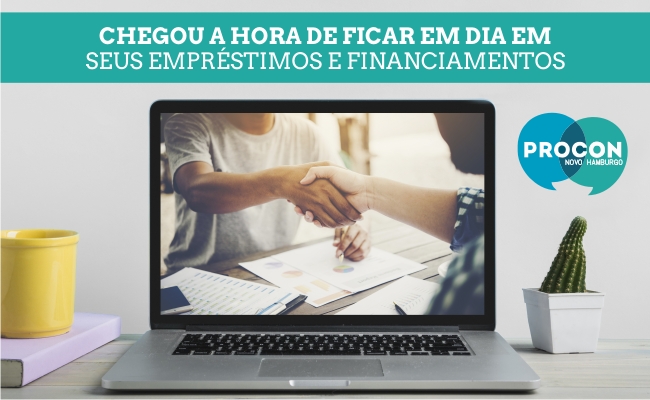 Tela de um computador com a imagem de duas pessoas apertando a mão. Ao lado, o logo do Procon. 