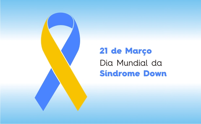 Laço que simboliza a Síndrome de Down nas cores azul e amarelo, com o escrito ao lado 21 de março, dia Dia Internacional da Síndrome de Down  