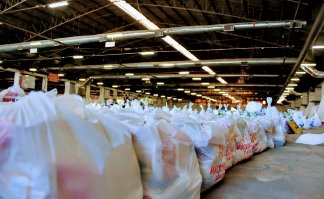 No chão, kits de alimentos em sacolas brancas alinhadas lado a lado