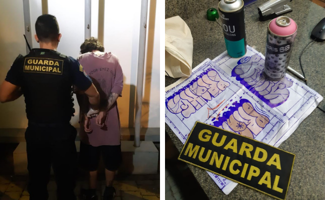 Duas fotos. À esquerda, um guarda municipal ao lado do preso algemado. À direita, o desenho e duas latas de pinta