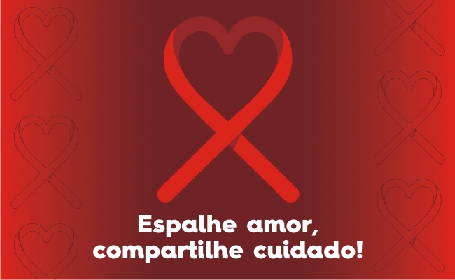 Escrito em branco "Espalhe amor, compartilhe cuidado!" com um laço vermelho em cimaescrito em branco