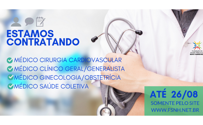 Imagem de um médico com estetoscópio e escrito em azul "Estamos contratando"