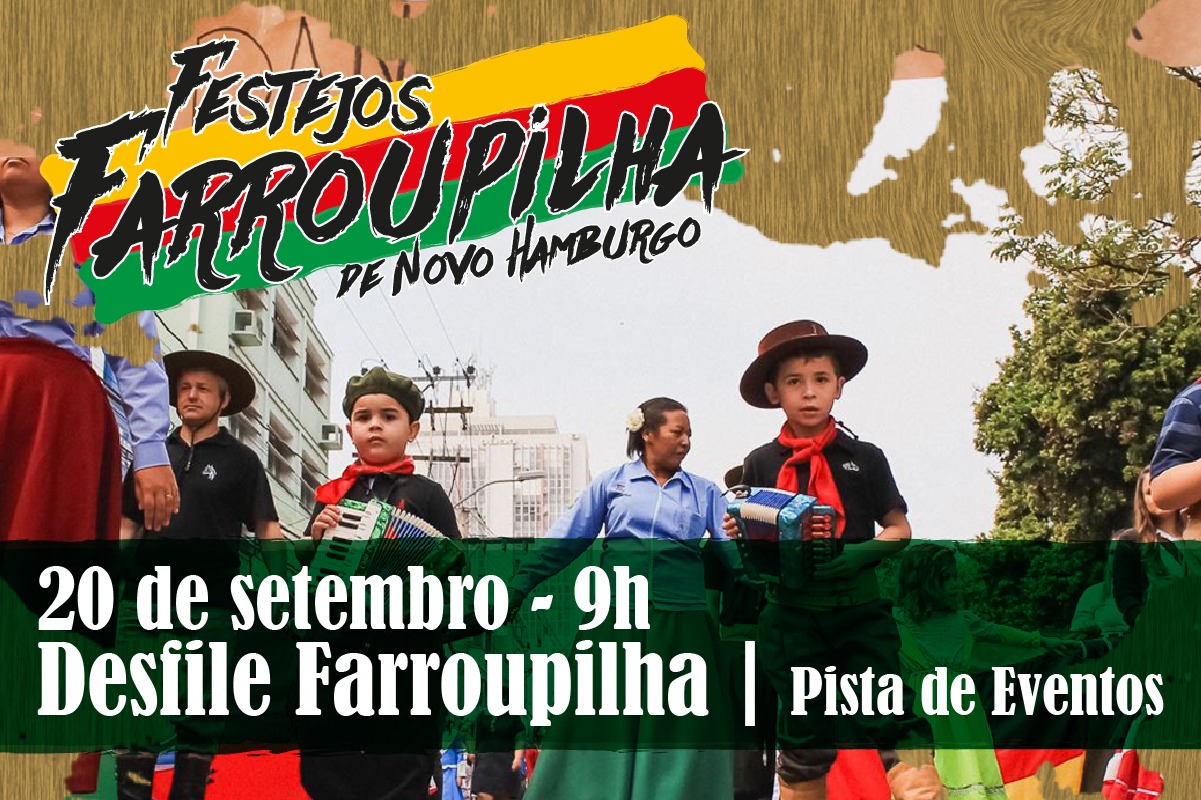 Escrito em preto "Semana Farroupilha" com litras amarela, verde e vermelha atrás. À direita, a imagem em preto de um gaúcho. Abaixo, escrito em branco, de 14 a 22 de setembro, em um fundo vermelho