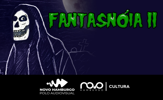 À esquerda, o desenho de um fantasma com o rosto branco e à direita, no canto superior, escrito em vermelho em um fundo azul marinho "FantasNóia II"