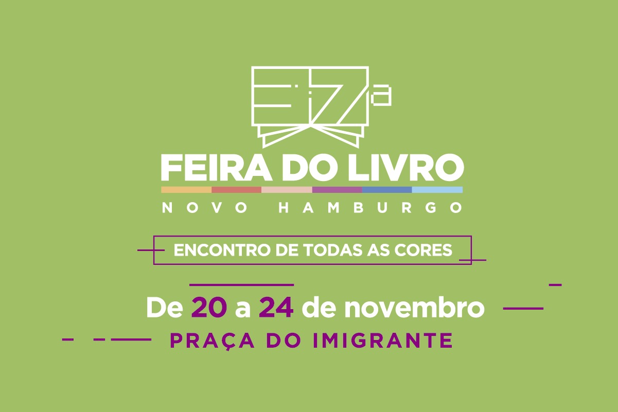 Em um fundo verde claro, escrito em branco Feira do Livro