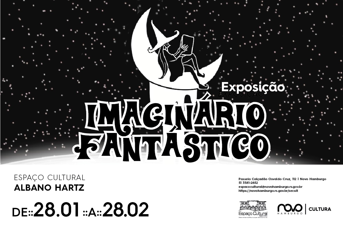 Na imagem uma arte escrito exposição imaginário fantástico e o desenho de uma lua crescente com uma menina sentada lendo um livro na lua