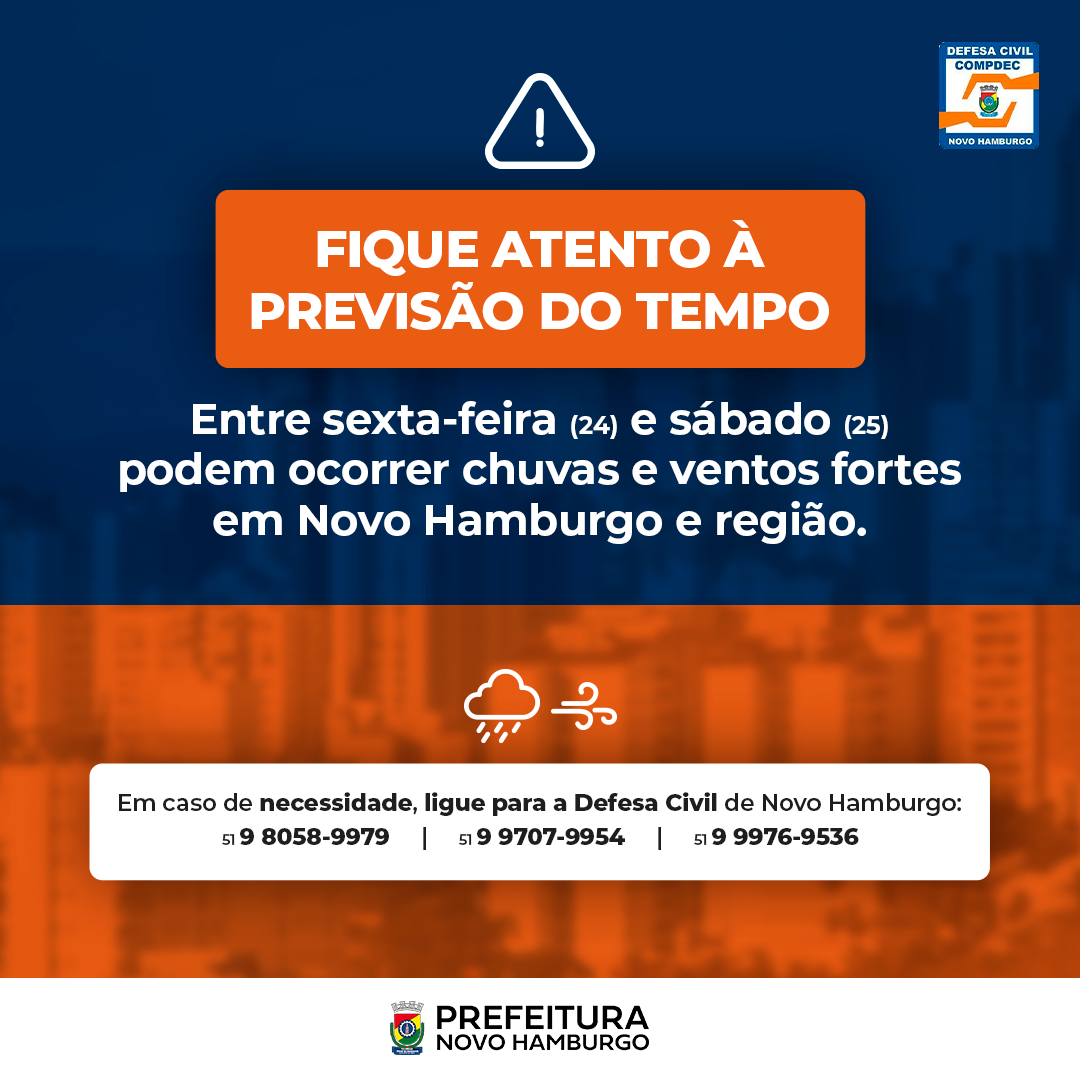 Um boletim publicado pelo Instituto Nacional de Meteorologia (Inmet) nesta tarde colocou Novo Hamburgo entre os municípios que podem ser atingidos por chuvas intensas e ventos fortes entre sexta-feira (24) e sábado (25).