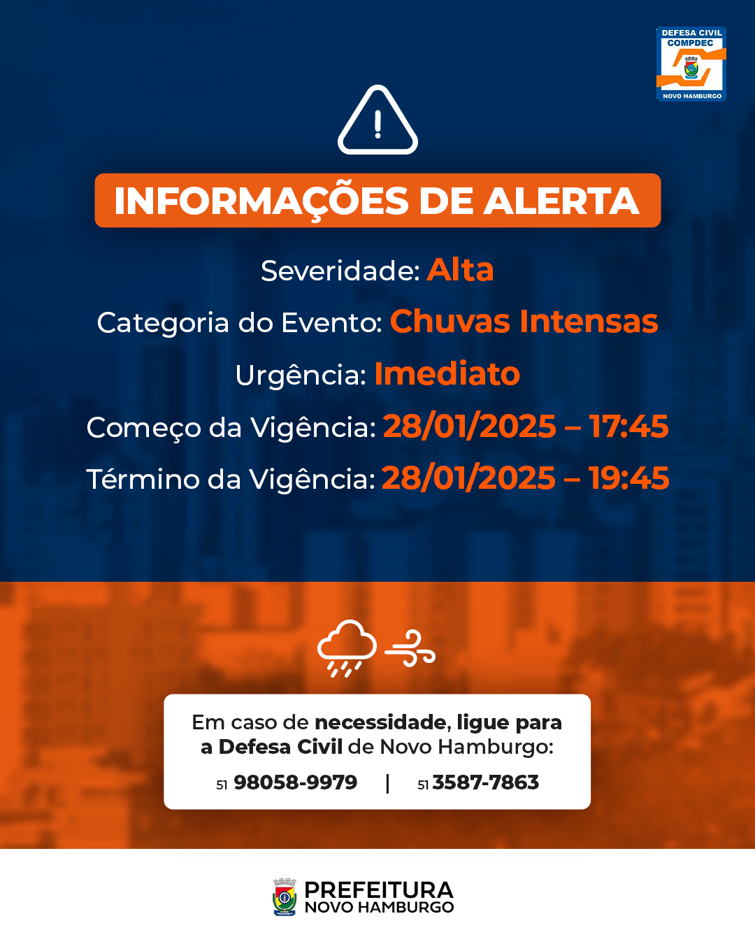 Card com informações sobre o temporal em Novo Hamburgo