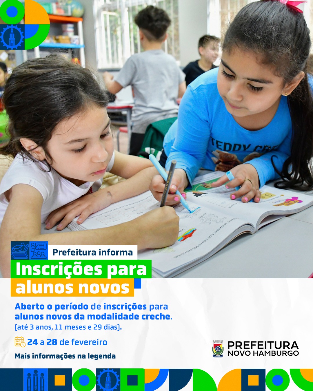 Card com informações sobre o período de inscrições para alunos novos da modalidade creche