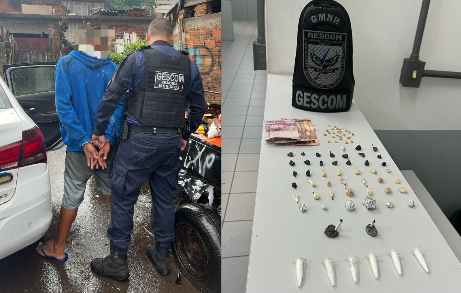 Montagem de fotos da prisão em flagrante de traficante no bairro Diehl e das drogas apreendidas