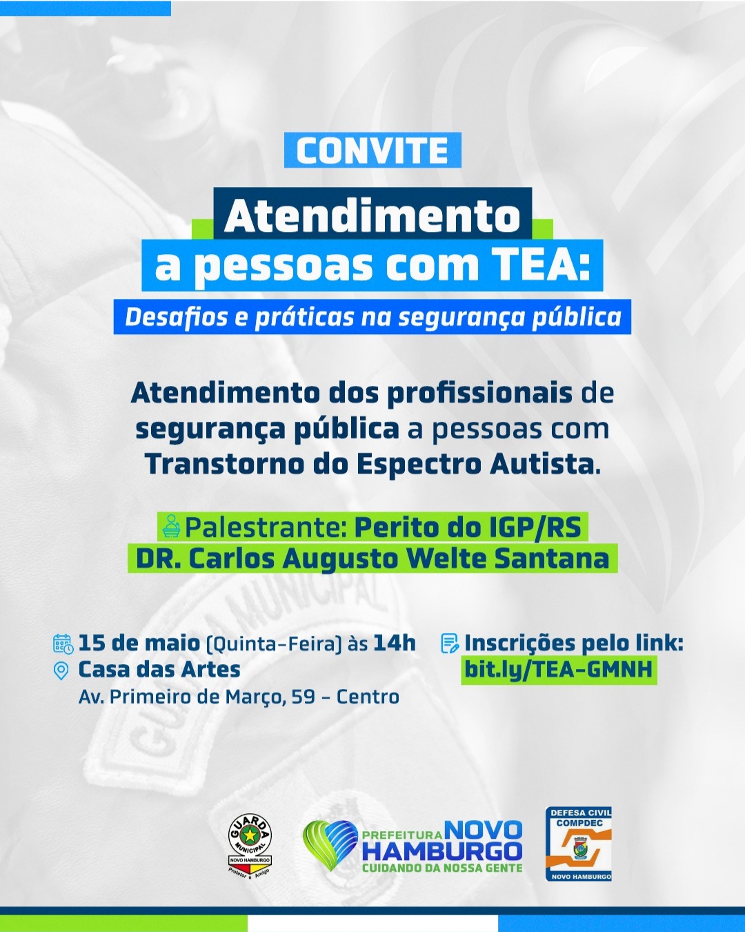 card apresentando evento e descrevendo detares sobre palestra aos profissionais da segurança de Novo Hamburgo sobre atendimento a pessoas com transtorno do espectro autista