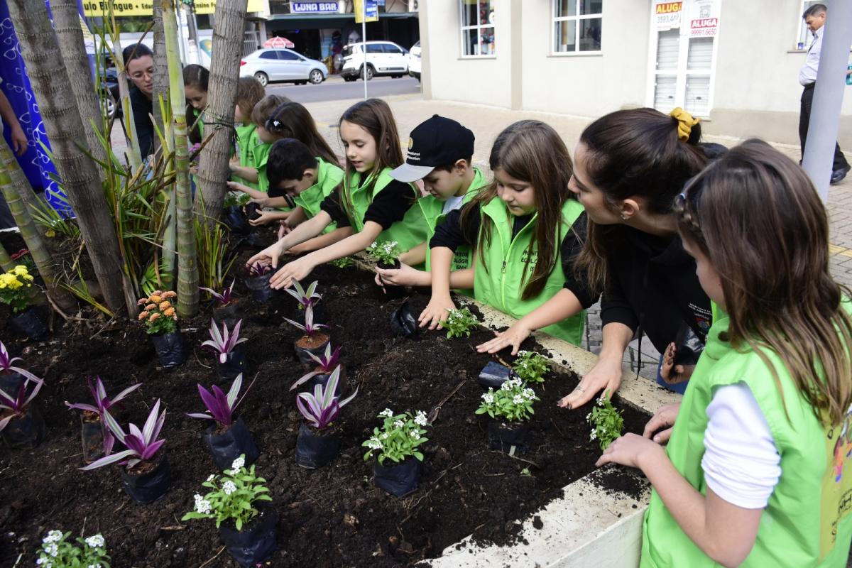 Alunos plantaram mudas de flores em um dos canteiros do Calçadão