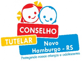 contorno do rosto de uma menina em vermelho e do menino em azul lado a lado em baixo a palavra conselho escrita em branco dentro de faixa vermelha, em baixo e a esquerda a palavra tutelar escrita em branco dentro de uma faixa amarela em baixo e a direita Novo Hamburgo - RS escrito em branco em uma faixa azul