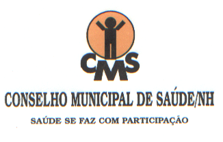 [DESCRIÇÃO] CMS - O logotipo tem na parte superior um boneco preto estilizado no centro de um círculo laranja de borda preta. Abaixo a sigla CMS, CONSELHO MUNICIPAL DE SAÚDE/NH - SAÚDE SE FAZ COM PARTICIPAÇÃO.  [FIM DA DESCRIÇÃO]