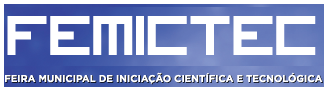 Fundo em azul, com escrita branca em fonte maiúscula FEMICTEC FEIRA MUNICIPAL DE INICIAÇÃO CIENTÍFICA E TECNOLÓGICA
